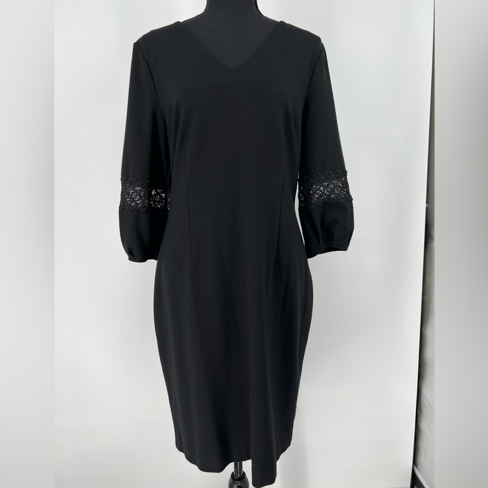 TALBOTS BLACK‎ DRESS 3/4 SLEEVES W/LACE VNECK BACK ZIPPER SOFT FABRIC W/STRETCH